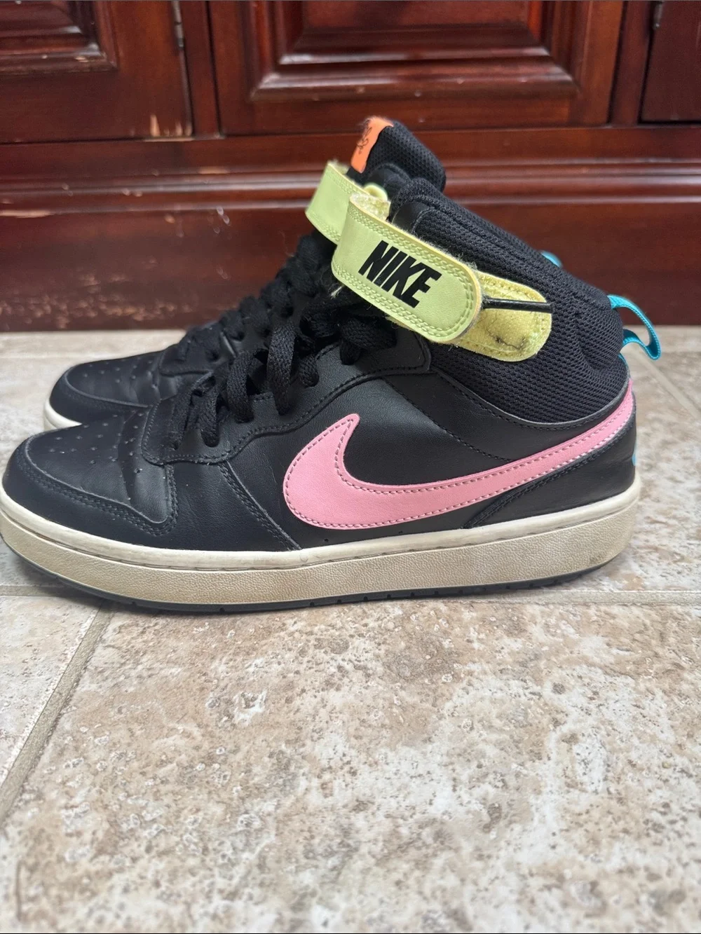 Nike Kids Black High-Top Sneakers with Pink Swoosh and Lime Strap